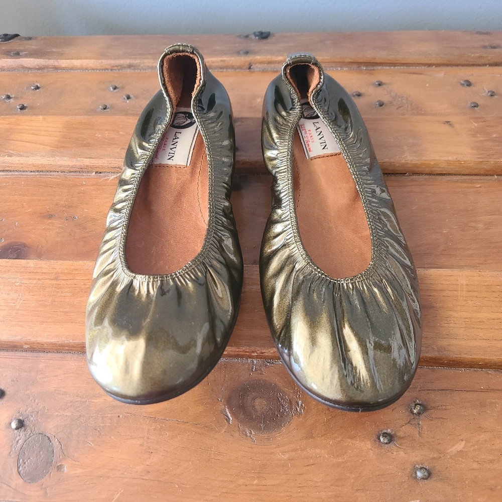 Lanvin Women Patent Leather Kaki Ballet Flat  Size 37 1/2 - Picture 14 of 14